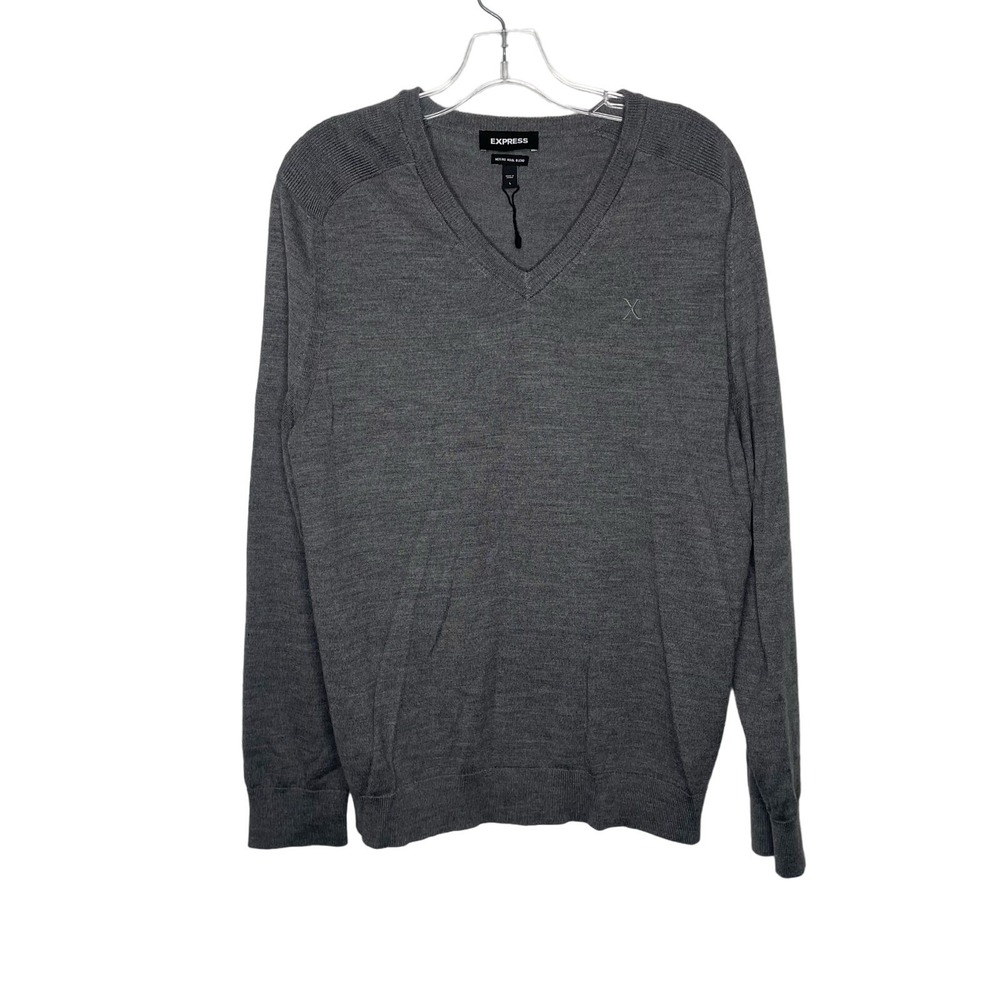 Express Mens Merino Wool Blend V-Neck Sweater Gray Slim Fit Large L Embroidered